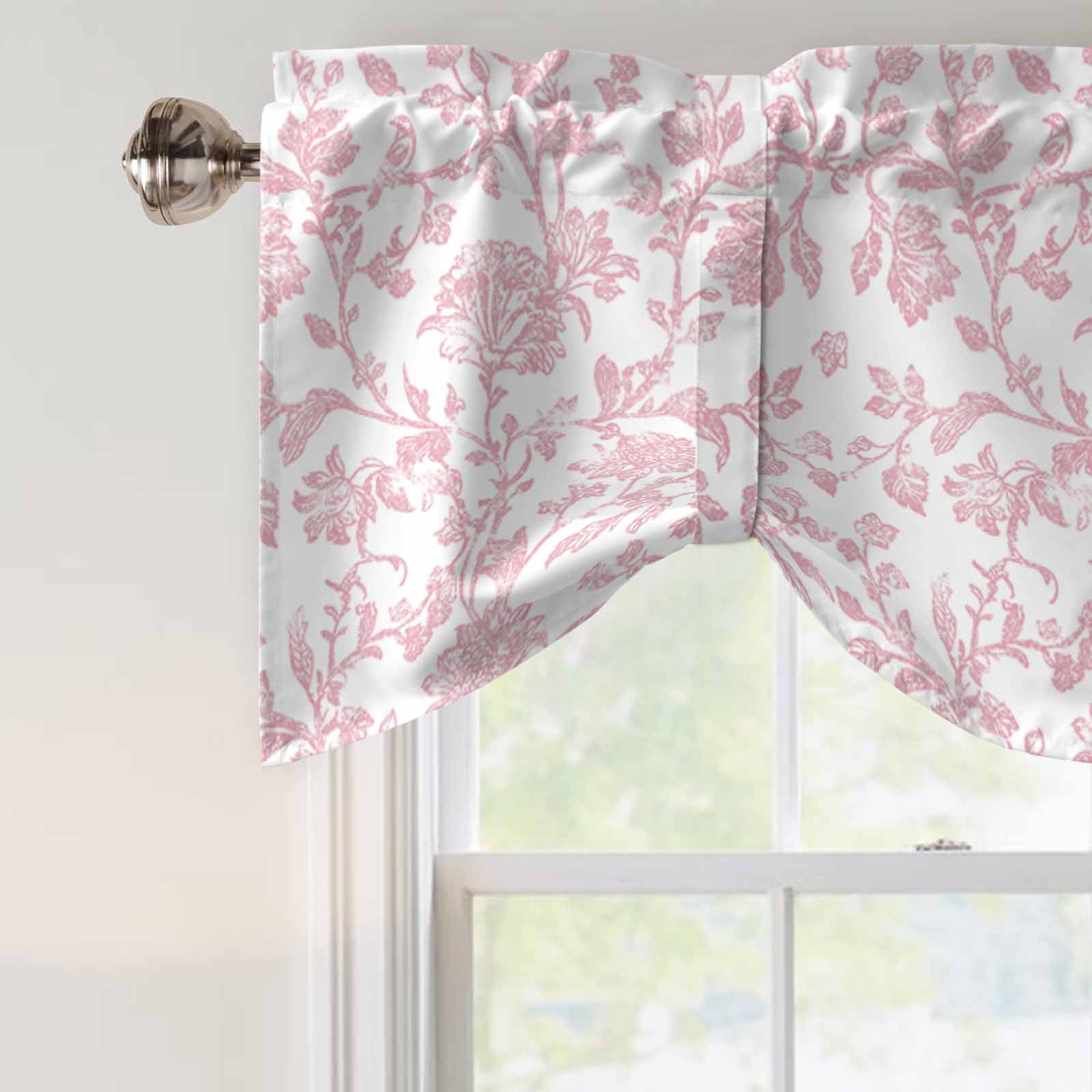 Light Pink Floral Paisley Tie Up Valances Curtain, Boho Leaf Vintage Farmhouse Linen Adjustable Rod Pocket Short Window Treatment Tie Up Curtains Valances for Kitchen Living Room 60x18 In