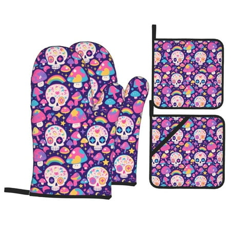 

Oven Mitts and Pot Holders 4 pcs Set cute rainbow mushroom Skull Heat Resistant Pot Holders Oven Mitts for kitchen Non-Slip Hanging Loop Oven Glove Potholders for Baking Cooking