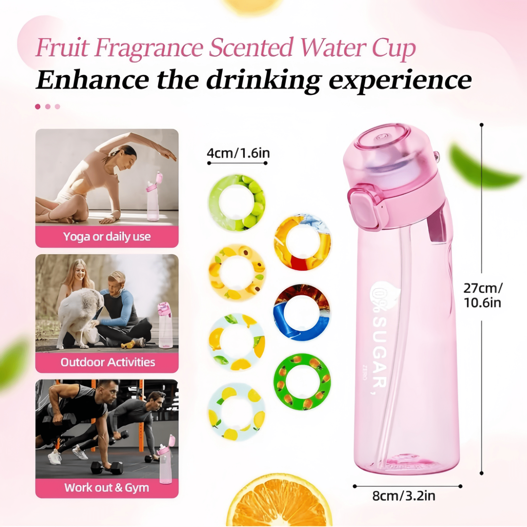 Clear Scented Water Bottle with 7 Flavor Pods - 650ml BPA-Free Tritan Sports Bottle, Leakproof Fruit Aroma Cup for Fitness, Gym & Outdoor (Pink)