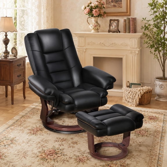 360° Swivel Recliner Chair with Ottoman, PU Leather Ergonomic Lounge Chair with Footrest, Adjustable High Back Reclining Chair with Wood Base for Living Room, Bedroom, Office