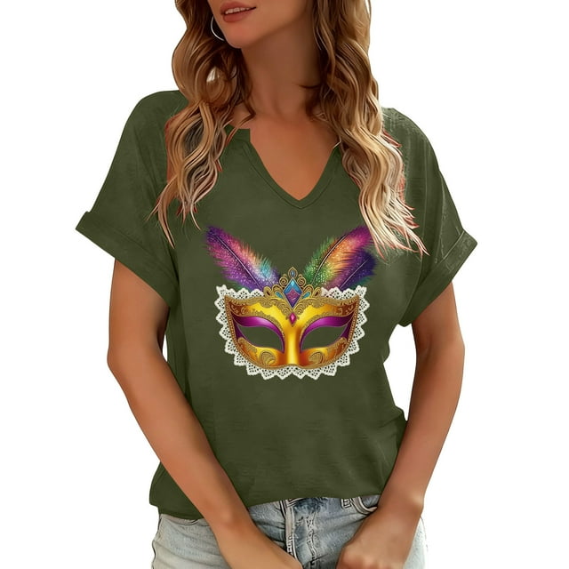 Xuyuer Mardi Gras V-Neck T-Shirt for Women Hearts Beads Carnival Tuesday Parade Loose Top short Sleeve Casual Tee Tshirts S-2XL Pattern T-Shirt - Casual Short-Sleeved Retro