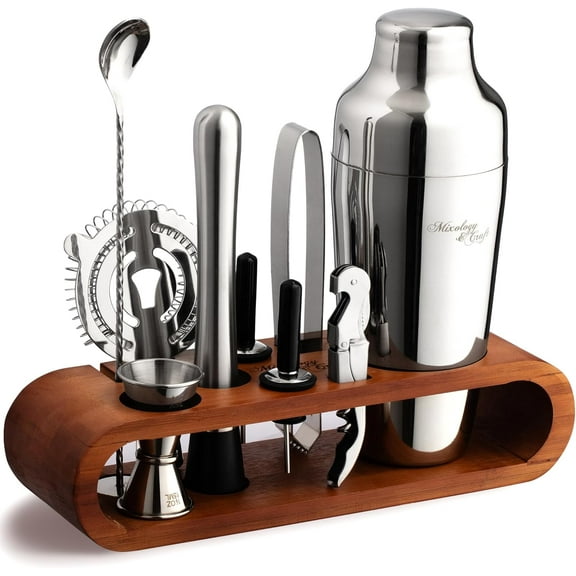 Zulay Kitchen Bartender Kit by Mixology 10-Piece Bar Tool Set with Mahogany Stand | Perfect Home Bartending Kit and Martini Cocktail Shaker Set Perfect Drink Mixing Experience (Silver)