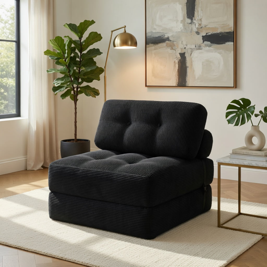 Hommoo 3-in-1 Folding Sofa Bed with Back Support & Pillow, Corduroy Convertible Sleeper for Living Room, Bedroom, Guest Room, Black