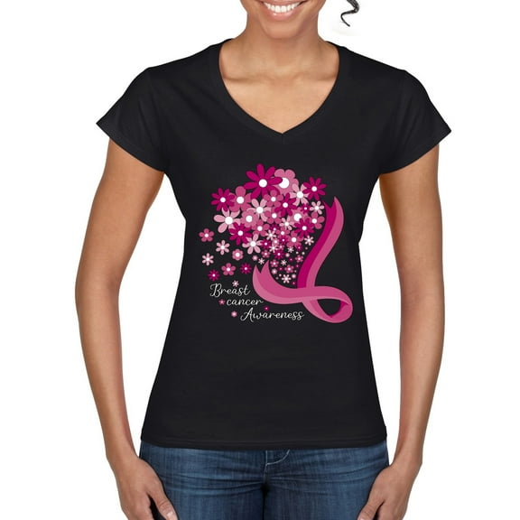 Wild Bobby Breast Cancer Awareness Flowers Breast Cancer Awareness Women Standard V-Neck Tee, Black, Small