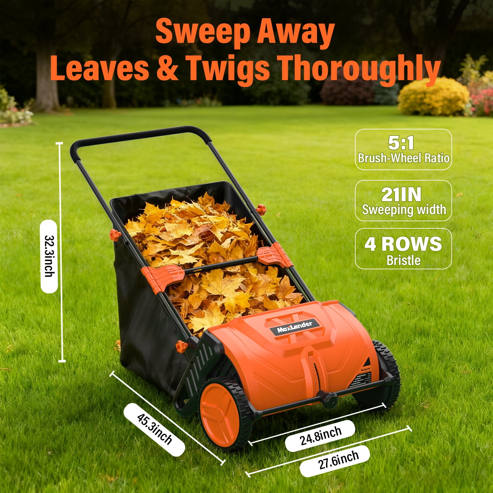 21-Inch Heavy-Maxlander Duty Hand Push Leaf Sweeper, 100L Collection Bag with 3 Replaceable Brush Heads, Adjustable Handle