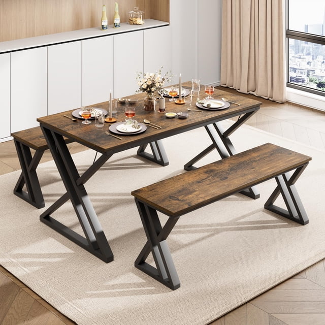 Yiwa 44.8" Dining Table Set with Benches, Sturdy Metal Kitchen Table Set, X Frame Design, Ideal for Small Spaces
