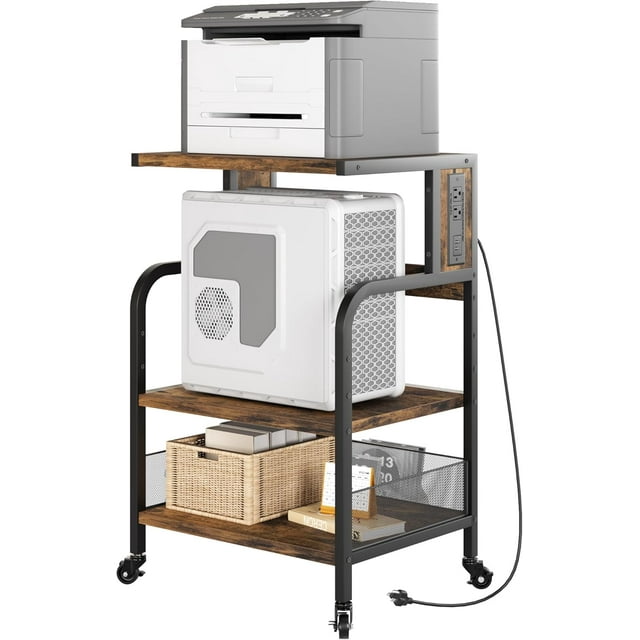 Support d'Imprimante Portable avec Prise de Courant, Table d'Imprimante Roulante à 3 Niveaux avec Tablette de Rangement Réglable et Roues