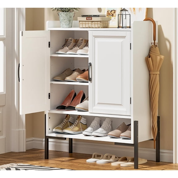 Shoe Cabinet with Doors, 4-Tier Modern Shoe Storage Cabinet White with Adjustable Shelves & Bottom Shelf, 40" Tall Shoe Organizer for Entryway, Shoes Dresser Hidden Shoes Cabinet Storage for Entryway