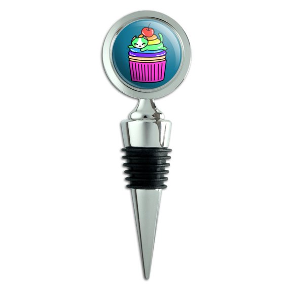 Cute Kawaii Lazy Cat in Rainbow Cupcake Wine Bottle Stopper