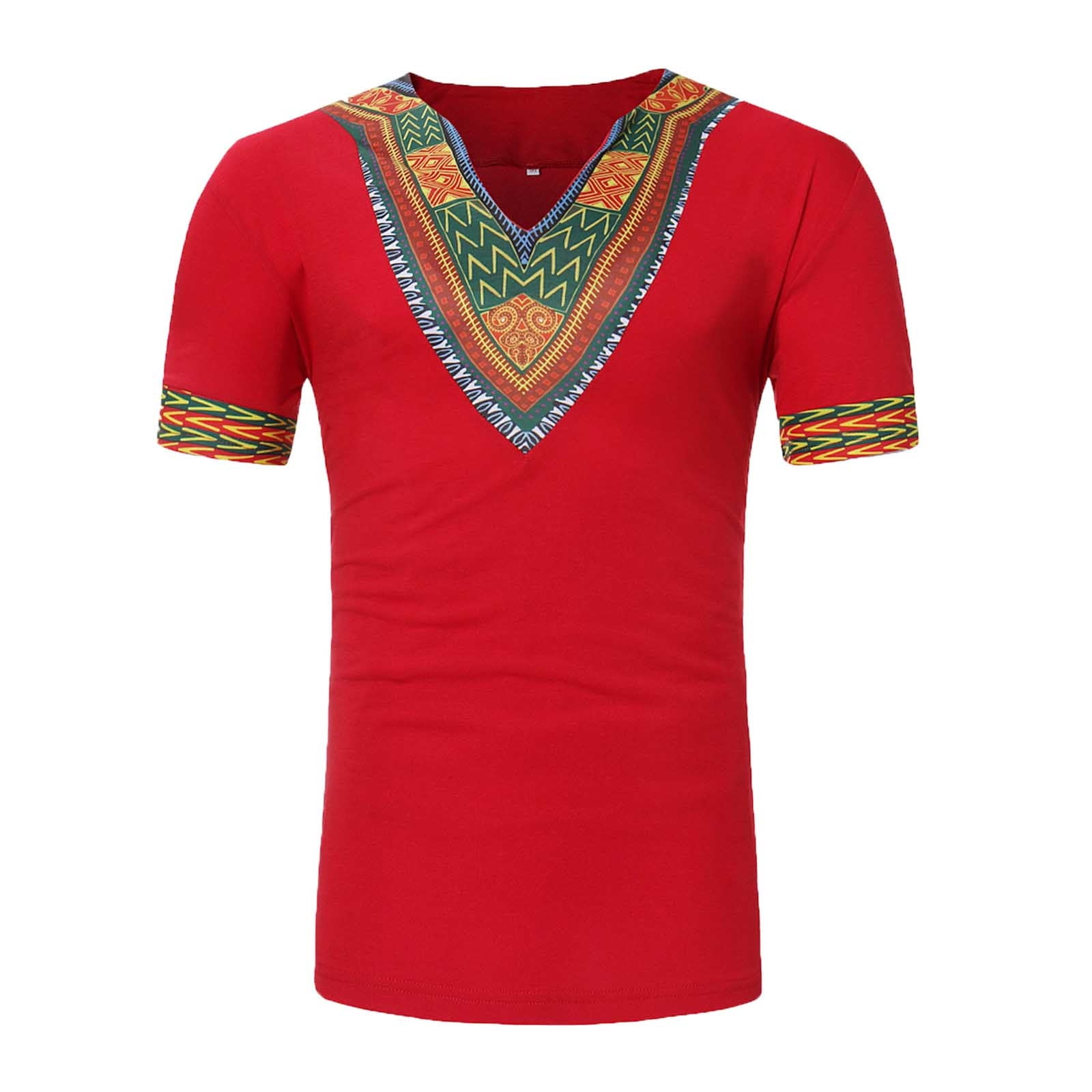 HOOUDO Men Tops Summer Casual Funny African Print O-Neck Short Sleeve Slim Fit Long Shirts Top Blouses Tunic Tee Pullover 