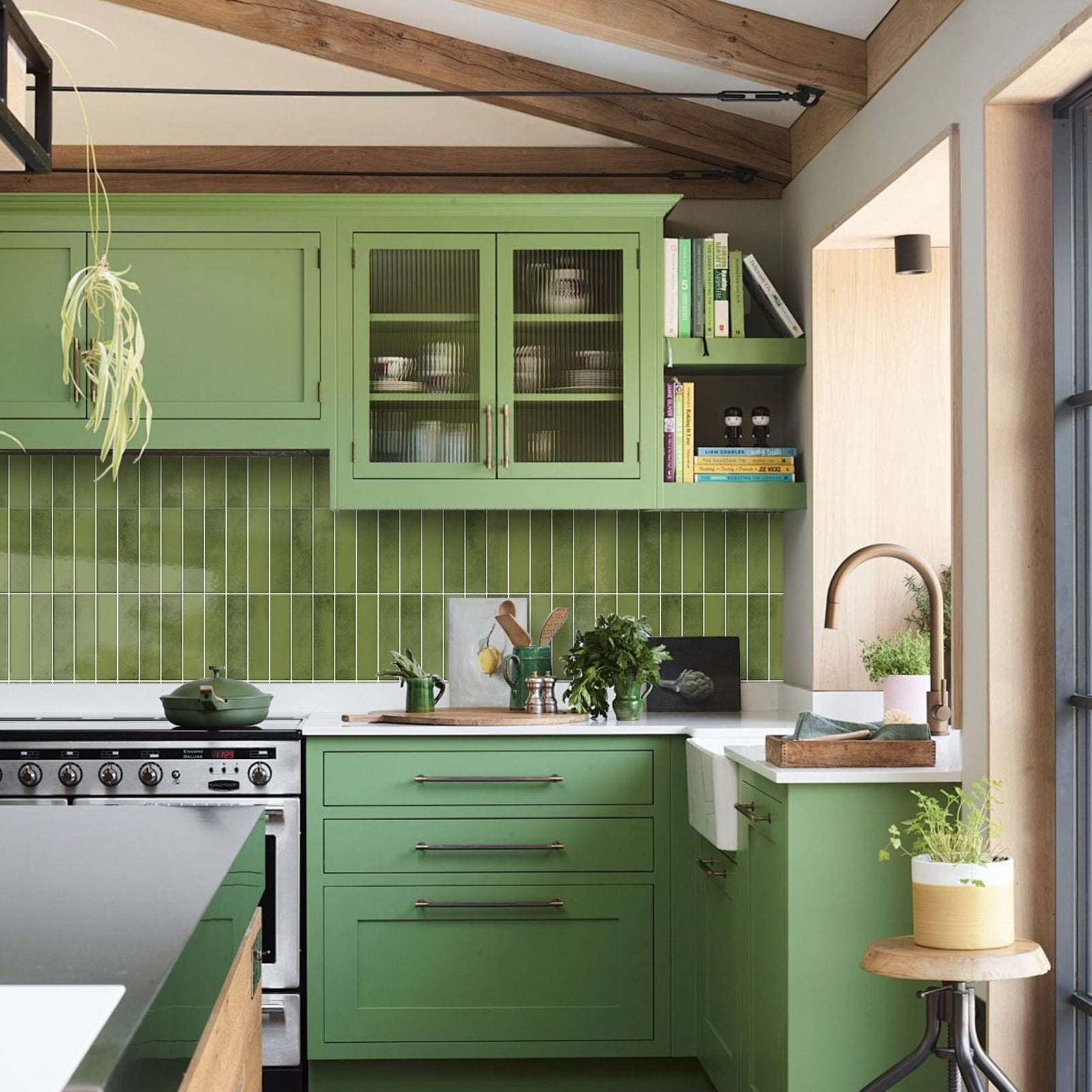 DEWOO 10 Sheet Thicker Peel and Stick Backsplash Tile,3D Self Adhesive Wall Tiles Stick on Backsplash for Kitchen,Bathroom,Camper (12"×12",Grass Green)