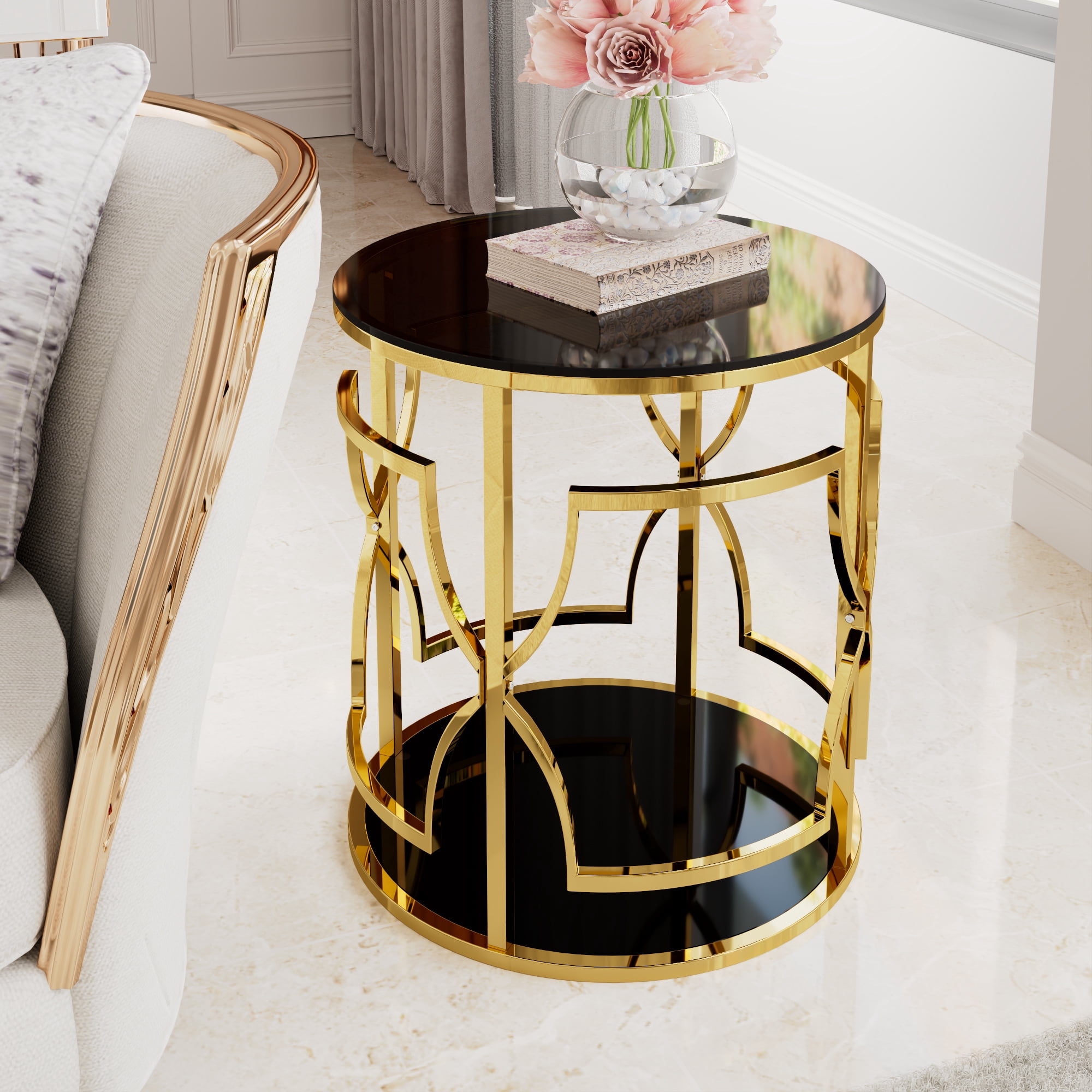 19.7" Round Side Table with Tempered Glass Top, 2-Tier Storage Shelf Modern Small End Table with Metal Frame, Sofa Side Accent Table