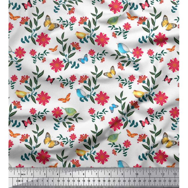 Soimoi White Rayon Fabric Insect,Bird & Floral Artistic Decor Fabric Printed BTY 42 Inch Wide