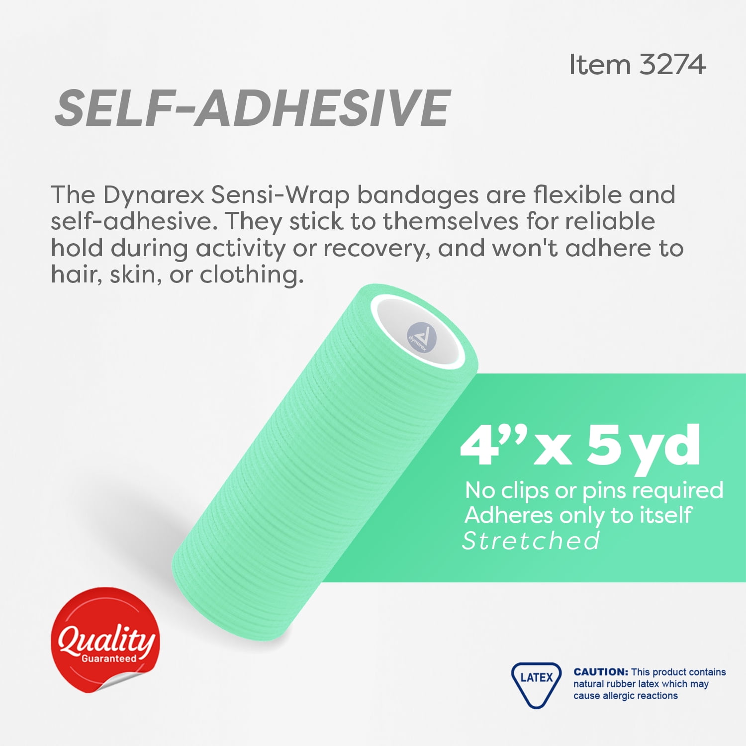Dynarex Sensi-Wrap Self-Adhesive Bandages, 18-Pack, 4" x 5 yards, Green, Latex, Colored Elastic Cohesive Athletic Tape, Tattoo Grip & Vet Wrap