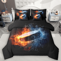 Manfei 3D Hockey Twin Bedding Sets 7pcs for Teen Boys, Ice and Fire Bedding Comforter Set, Sports Themed Sheet Sets, Super Cozy Room Decor