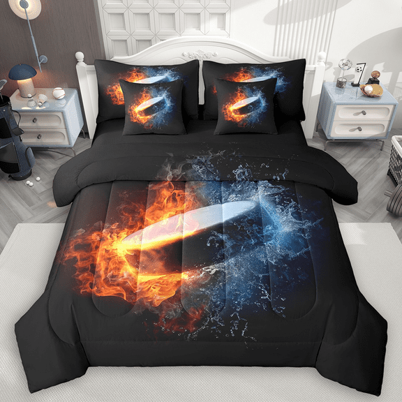 Manfei 3D Hockey Twin Bedding Sets 7pcs for Teen Boys, Ice and Fire Bedding Comforter Set, Sports Themed Sheet Sets, Super Cozy Room Decor