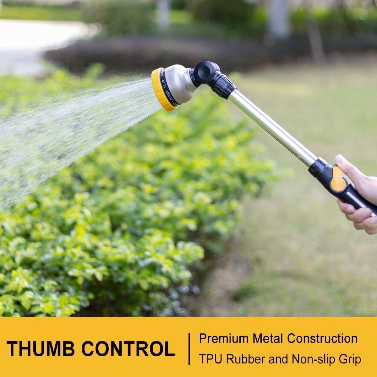 FANHAO Metal Watering Wand with 9 Sprayer Patterns, 16 inch Garden Hose Nozzle Wand for Lawn, Yellow
