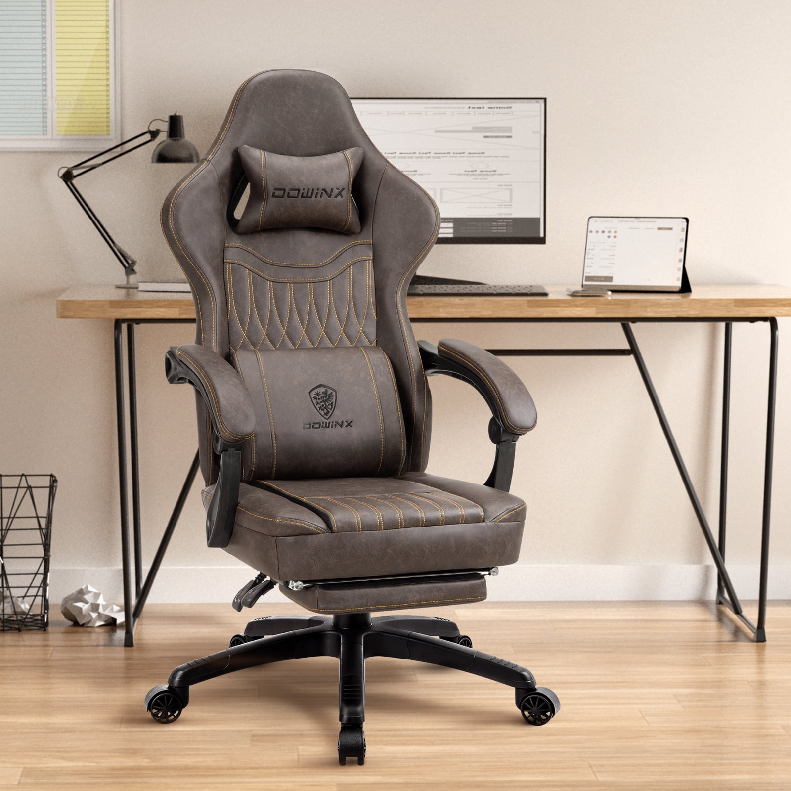 Dowinx Gaming Chair Breathable PU Leather Gamer Chair with Pocket Spring Cushion, Ergonomic Computer Chair with Massage Lumbar Support,Adjustable Swivel Task Chair with Footrest(Brown)