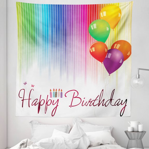 Rainbow Tapestry, Rainbow Colored Striped Backdrop Balloons Lettering Candles Art Prit, Fabric Wall Hanging Decor for Bedroom Living Room Dorm, 5 Sizes, Multicolor, by Ambesonne