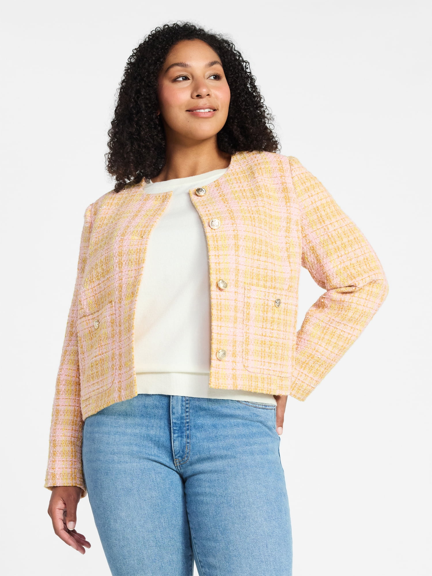 Time and Tru Women's Tweed Ladylike Blazer Jacket, Sizes XS-XXXL