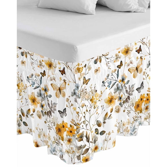 Vintage Botanical Wrap Around Bed Skirts for King Bed 18" Drop, Bed Skirt with Adjustable Elastic Belt Dust Ruffle Bed Valance for Bedroom Hotel Luxury Yellow Spring Floral Butterfly Bed Frame Cover