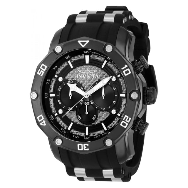 reloj invicta 37723 hombre negro acero — Vista frontal 3/4 de cronógrafo masculino con caja redonda negra de acero, bisel con numerales 10-20-30-40-50, esfera texturizada negra con tres subesferas y manecillas plateadas luminiscentes, correa de caucho negra con detalles de acero; suele usarse como reloj deportivo y en looks de moda cotidianos.