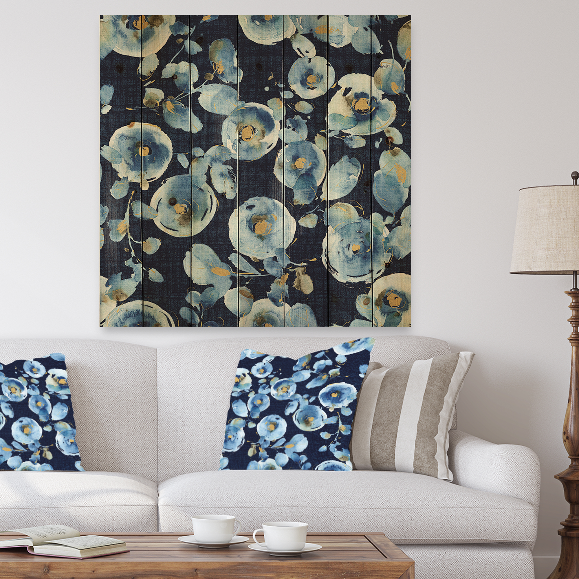 Designart 'Metallic Indigold Flower Pattern I' Floral Print on Natural Pine Wood