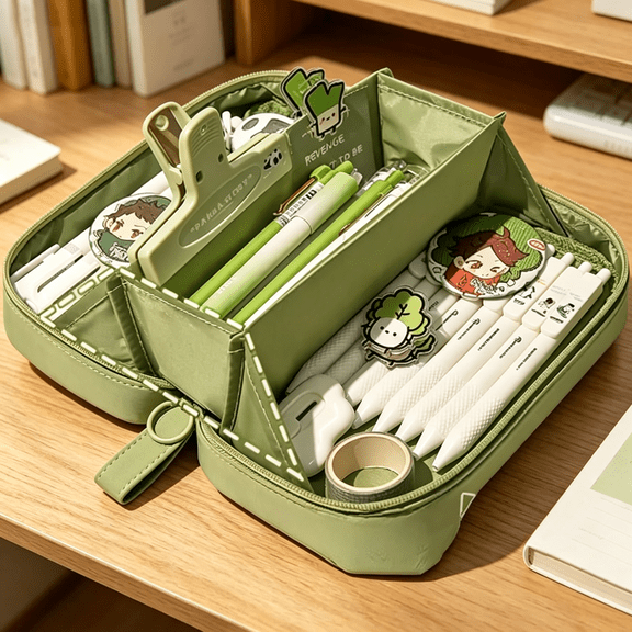 CCOCC 1 Pack Large Capacity Matcha Green Pencil Case, 5-Compartment Canvas Pen Pouch, Portable Stationery Organizer for Study, Office and Travel Supplies