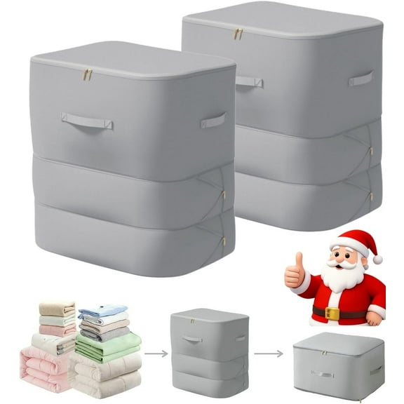 2PCS Ultra Space Saving Self Compression Organizer, 3-Layer Zipper Large Capacity Blanket Bags Satin Fabric Comforter Storage Bag for Comforters, Bedding, Clothes, Blankets (Gray, X-Large)