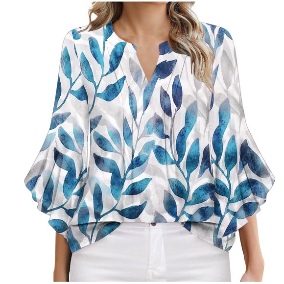Amzcrzy Women's Tops V Neck Button Spring Summer Tops Trendy Floral Print 3/4 Length Sleeve Boho Tops Casual Comfy Going Out Tops Blouses
