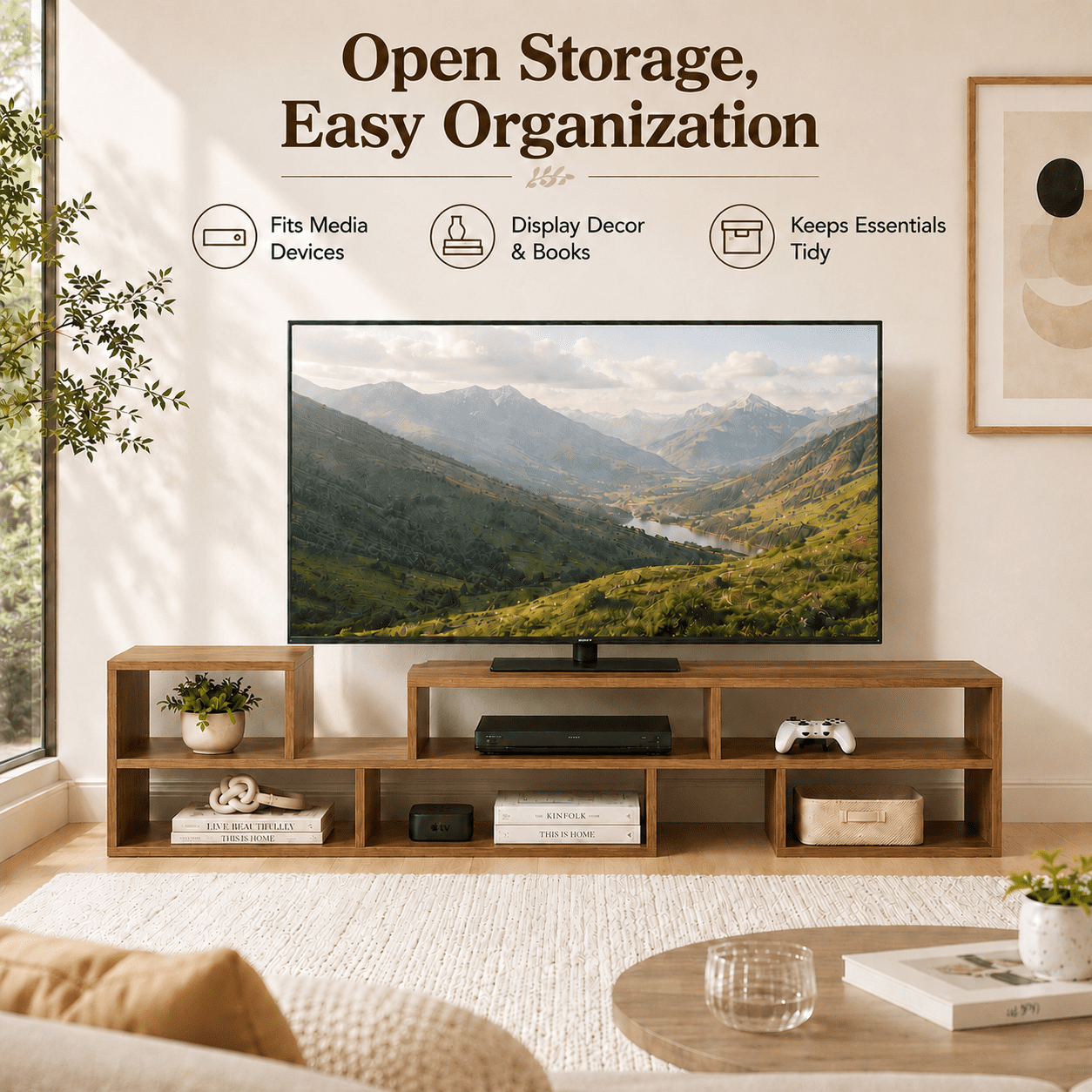 Aukfa Modular TV Stand for TVs up to 75",Free Combination Entertainment Center with Open Storage Shelves,Brown