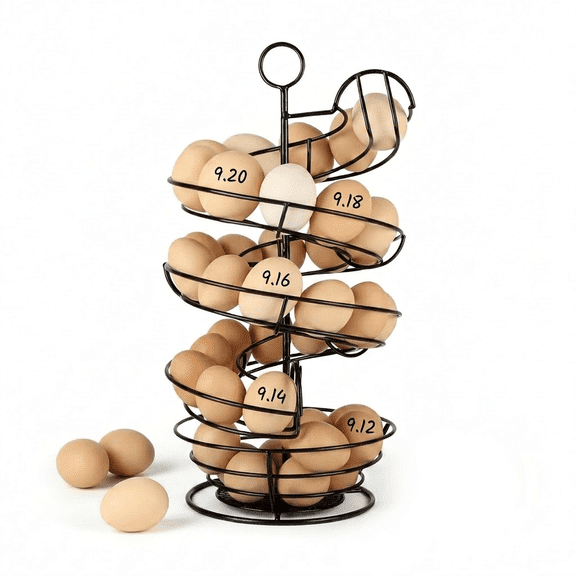 Egg Holder Countertop, Spiral Egg Skelter Dispenser with Storage Basket,Metal Egg Storage Rack, Black