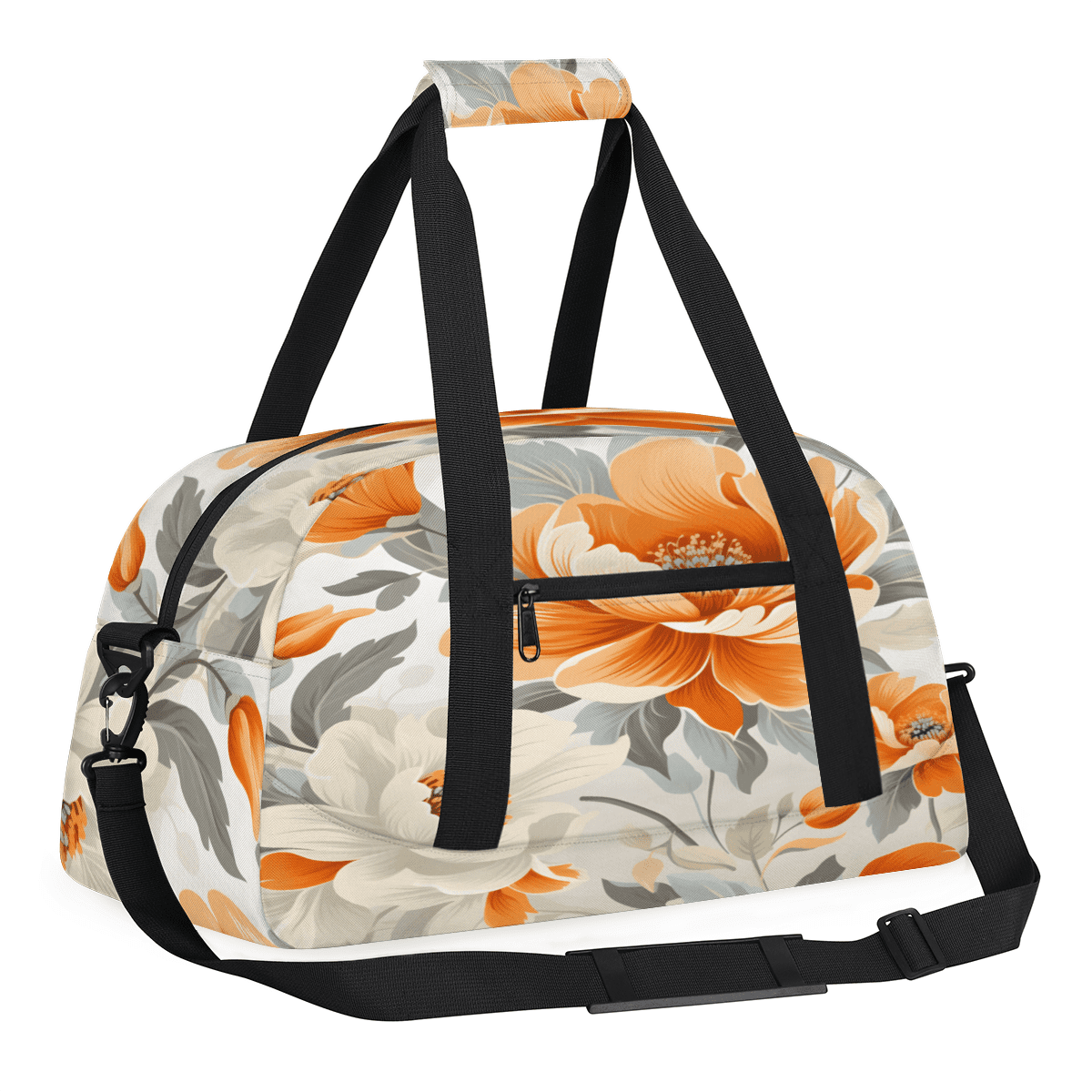 Herdesigns Floral Sports Duffle Bag for Women & Men, Orange White Flowers Gym Bag Dance Bag Overnight Bag Carry On Weekender Travel Bag