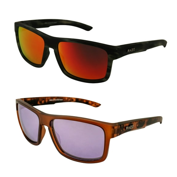 Raze Eyewear Offshore Sports & Boating Polarized Sunglasses for Men & Women Black Marble with Red Mirror & Rootbeer Frame with Smoke Lenses 2 Pack Combo