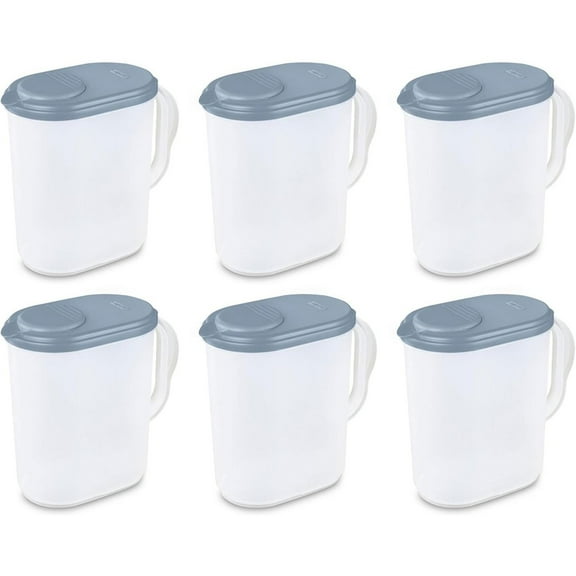 Plastic Pitcher Water Jug Drink Dispenser Blue Atoll Lid and Tab with Clear Base and Grip Handle for Kitchen and Home, Washed Blue, 6-Pack