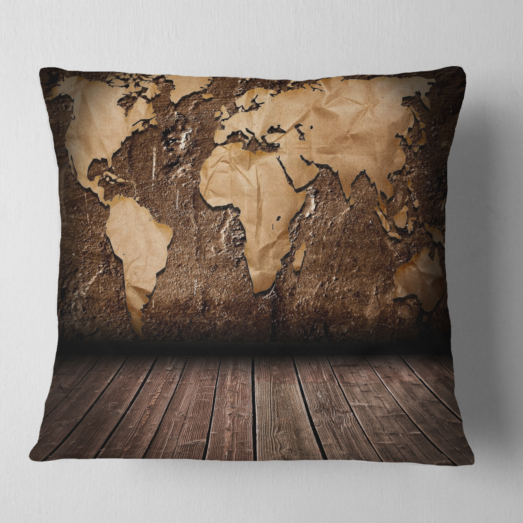 Designart Vintage Map with Wooden Floor - Contemporary Throw Pillow - 16x16