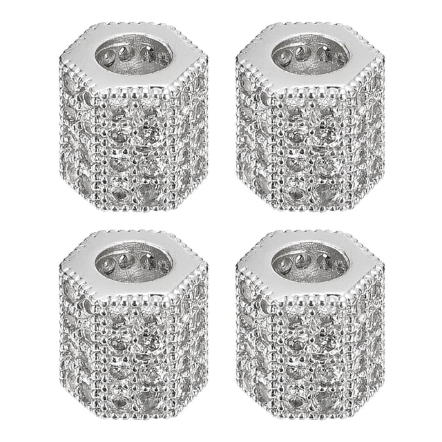 Unique Bargains Charm Rhinestone Beads, 4 Pack Cubic Hexagon Zircon Pave Spacer Beads for Bracelet Jewelry Making (Platinum)