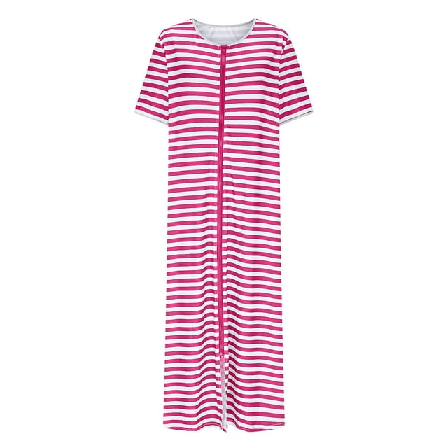 HUJlwoi Chemise de Nuit Imprimée pour Femmes Rayée Longue Robe de Bain Zippée Robe Décontractée Chemise de Nuit Manches 3/4 avec Poches