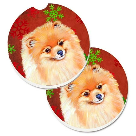 

Pomeranian Red & Green Snowflakes Holiday Christmas Set of 2 Cup Holder Car Coaster