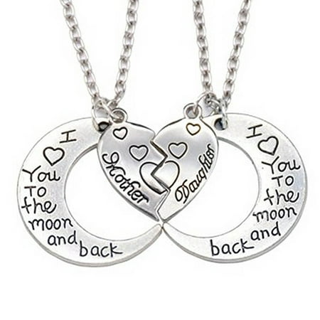 Black Mom Necklace Mother Daughter Heart 2-Piece I Love You to the Moon and Back Anti-Tarnish Necklace Pendant J-288 ()