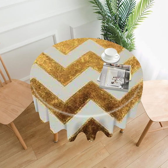RKSupls 60 Inch Round Tablecloth, Gold Chevron Zigzag Pattern Premium Polyester Straight Edge Wrinkle Resistant Washable Table Cover for Party Home Dining Decor