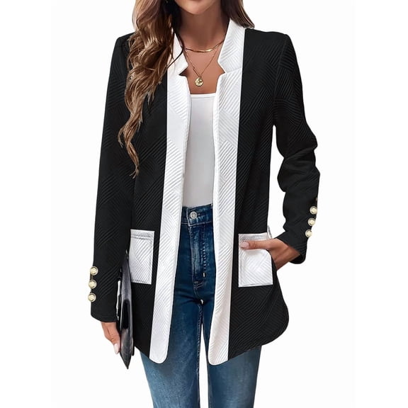 Long Sleeve - Collar Black and White Color Matching Jacket Outfit for Women Basic Fall Winter L