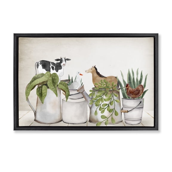 Stupell Industries Tin Farm Animal Plants Botanical & Floral Painting Black Floater Framed Canvas Art Print Wall Art, 25 x 17