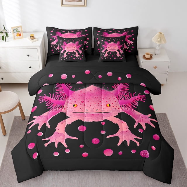 Pink Axolotl Bed in a Bag Queen Comforter Set 7 Piece,Cute Walking Fish Bedding Sets Ocean Reptile Coastal Sheet Set with Comforter