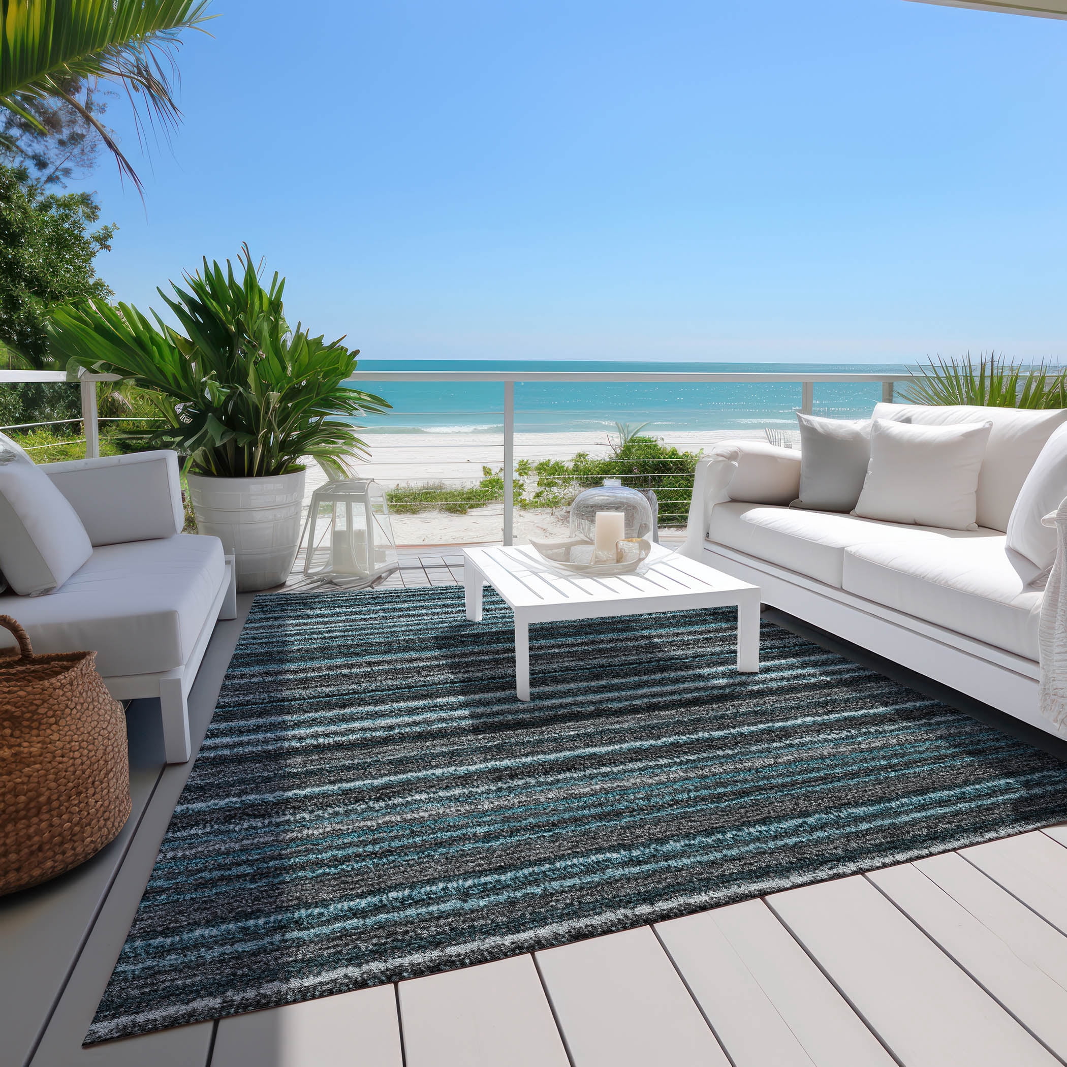 Addison Rugs Chantille Indoor/Outdoor Transitional Stripes Teal Washable Rectangle Rug, 3' x 5'