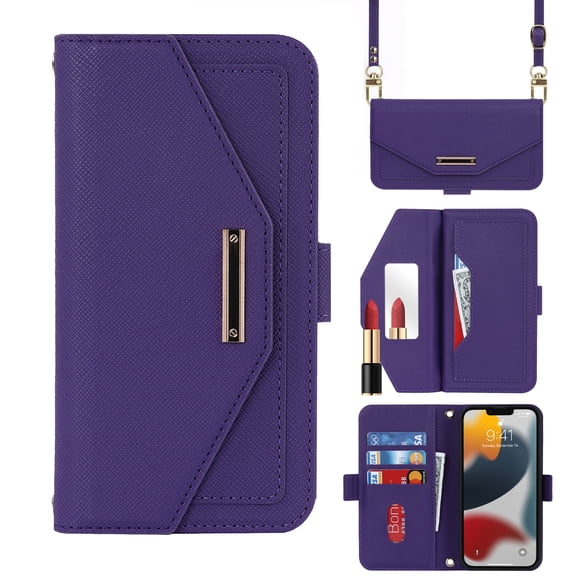 Dteck Crossbody Wallet for Google Pixel 7 Case with Lanyard Shoulder Strap, PU Leather Handbag with Credit Card Holder Purse Stand Phone Cover with Built in Make-Up Mirror for Girls Women, Purple