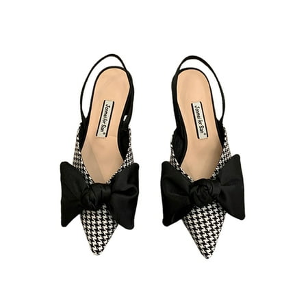 

Woobling Women Sandal Slip On Slingback Sandals Summer Flats Womens Dress Shoes Bowknot Pumps Ankle Strap Low Heel Houndstooth 5.5