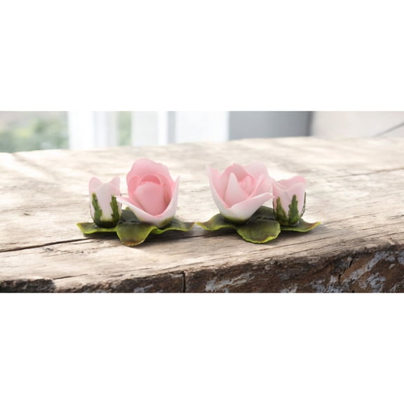 Ceramic Pink Rose Flowers with Buds Candle Holders - Set of 2, Romantic Decor, Garden Decor, Vintage Decor, Gift for Mom