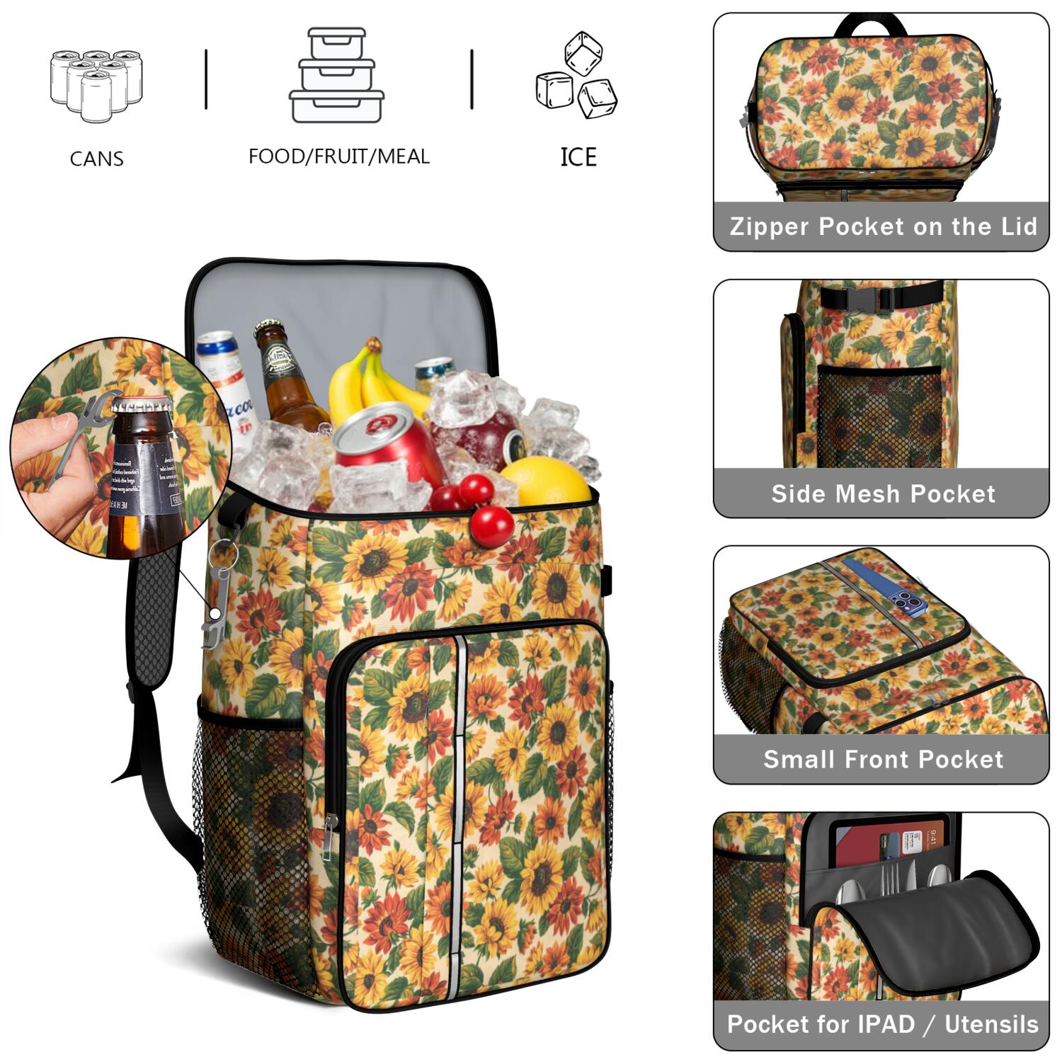 Travel Cooler Bag - Sunflower Camping Beer Cooler Backpack with Bottle Opener- Waterproof Insulated Picnic Backpacks - Cooler Bag for Beach