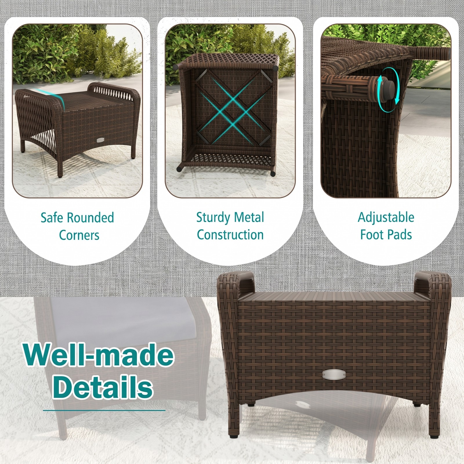 Furnibear Set of 2 Outdoor Patio PE Wicker Ottomans with Removable Cushions, Hand-Woven Rattan Footrest Extra Seat Coffee Table for Garden Porch Backyard, 400, Gray